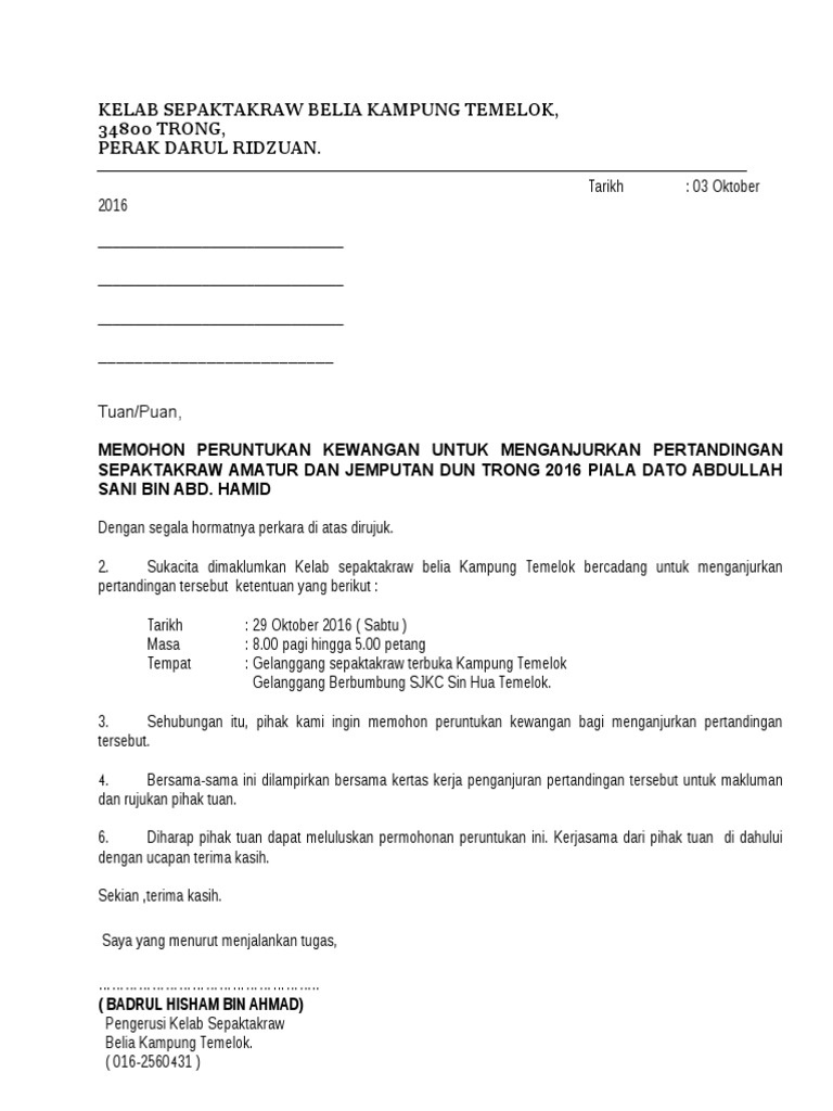 Contoh Surat Memohon Peruntukan Membuat Gelanggang Silat