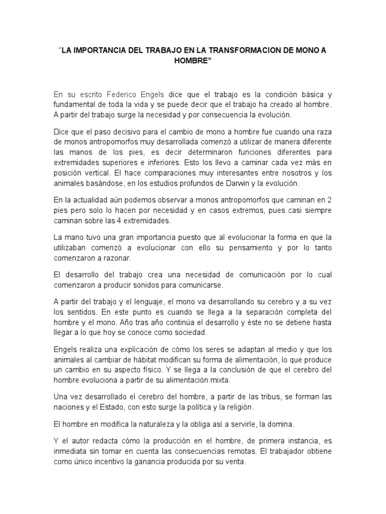 La Importancia Del Trabajo en La Transformacion de Mono a