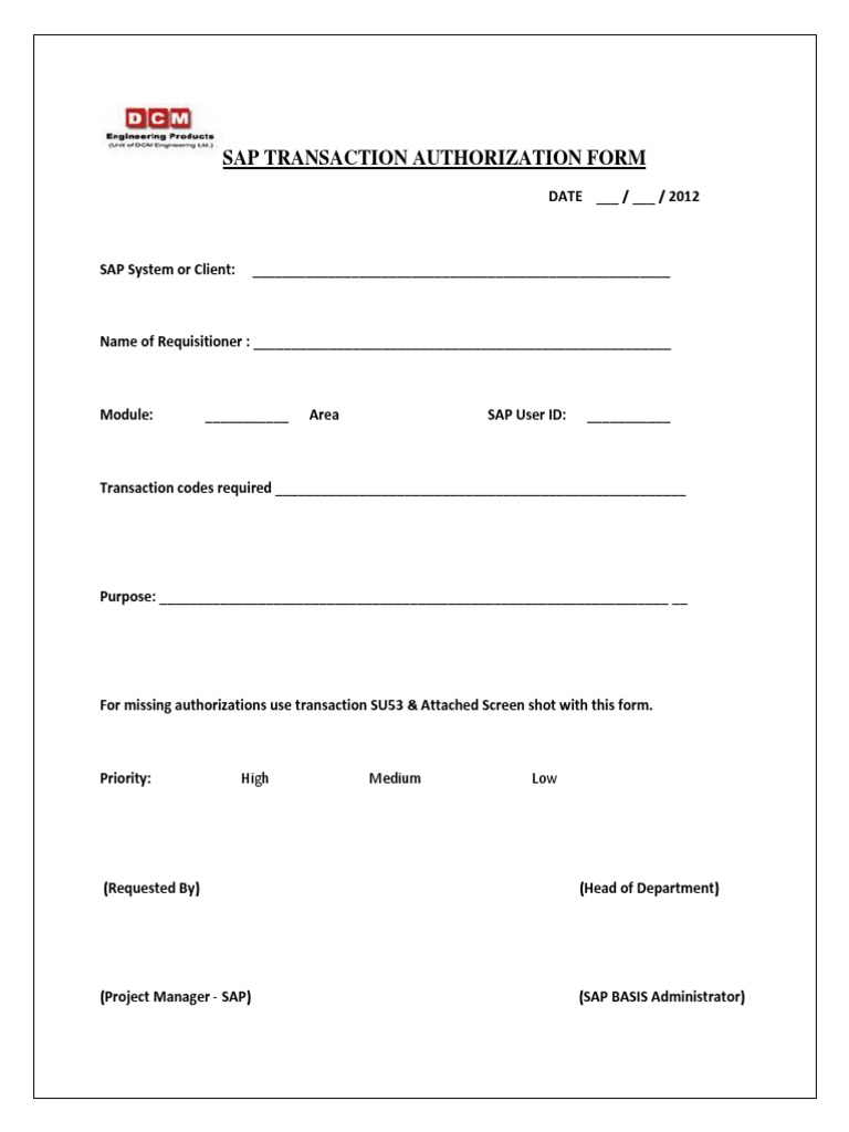 SAP Transaction Authorization Form | PDF | Computers