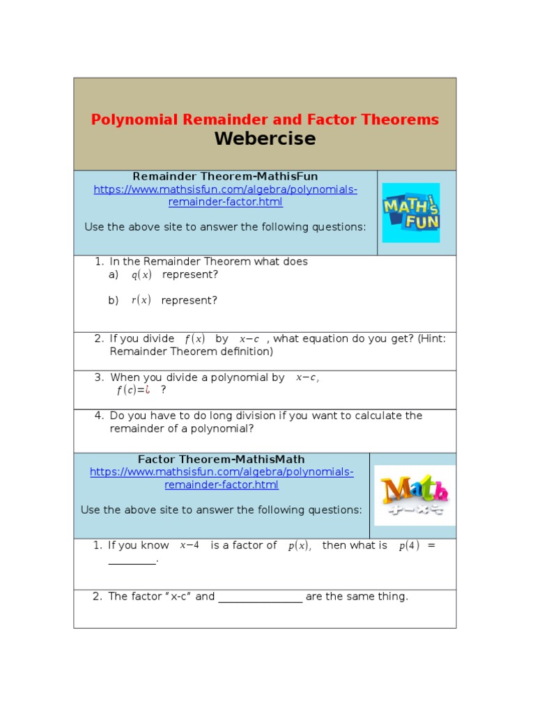 Polynomial Remainder & Factor Theorems Guide | PDF | Teaching Methods ...