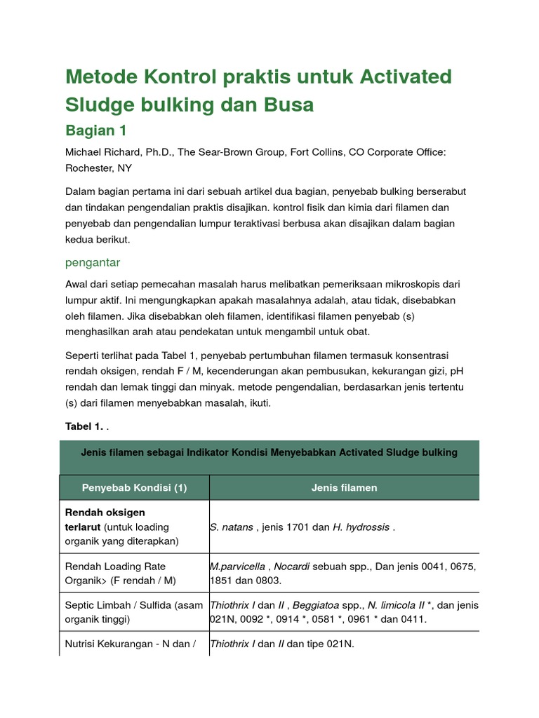 Metode Kontrol Bulking Lumpur Teraktivasi | PDF | Griya & Taman | Sains ...