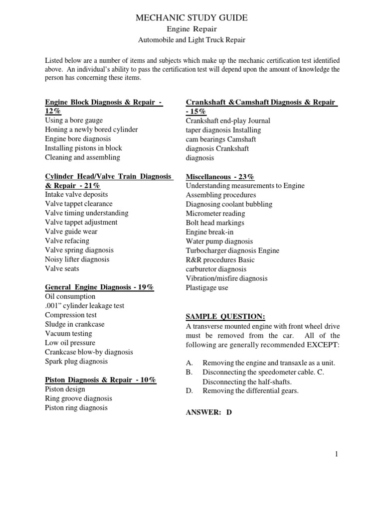 Mechanic Certification Test Study Guide | PDF