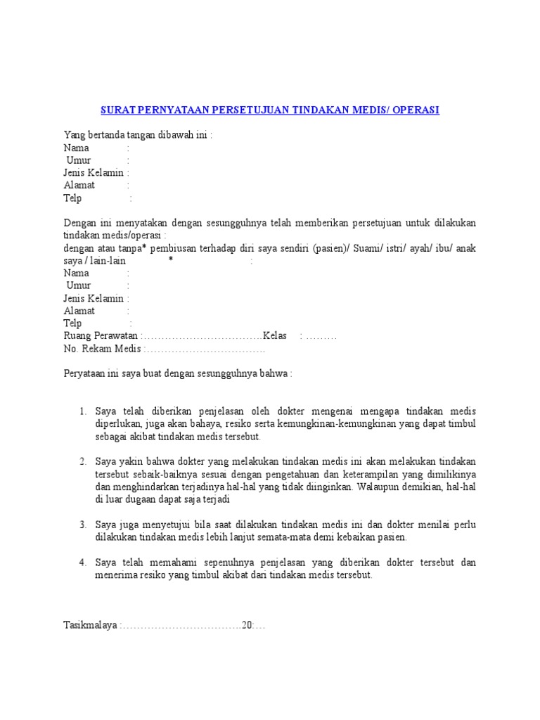 Surat Pernyataan Persetujuan Tindakan Medis Operasi