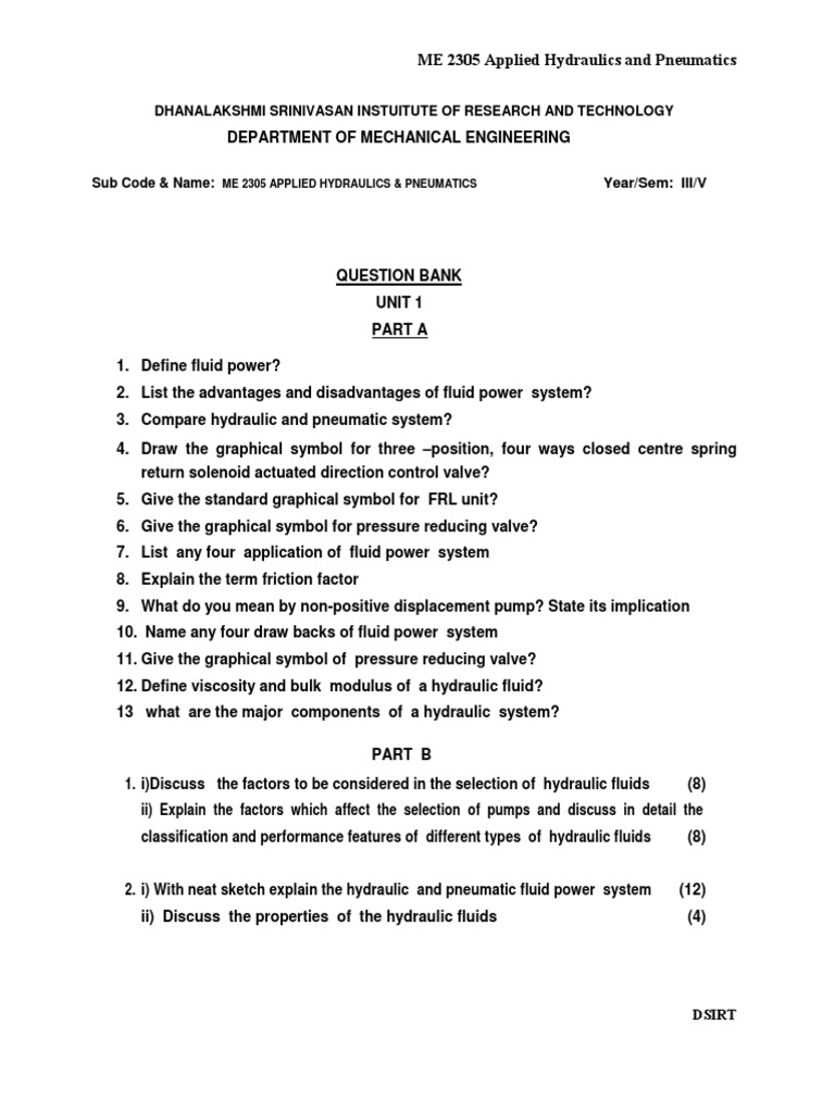 ME 2305 Applied Hydraulics and Pneumatics Dhanalakshmi Srinivasan Instuitute of Research and