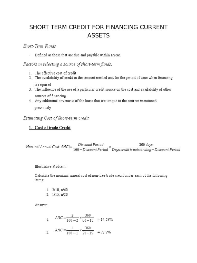 Short-Term Financing Cost Analysis | PDF | Credit (Finance) | Interest