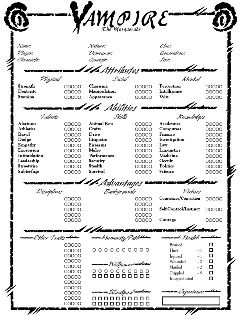 Vampire: The Masquerade Character Sheet | PDF | Sports & Recreation ...