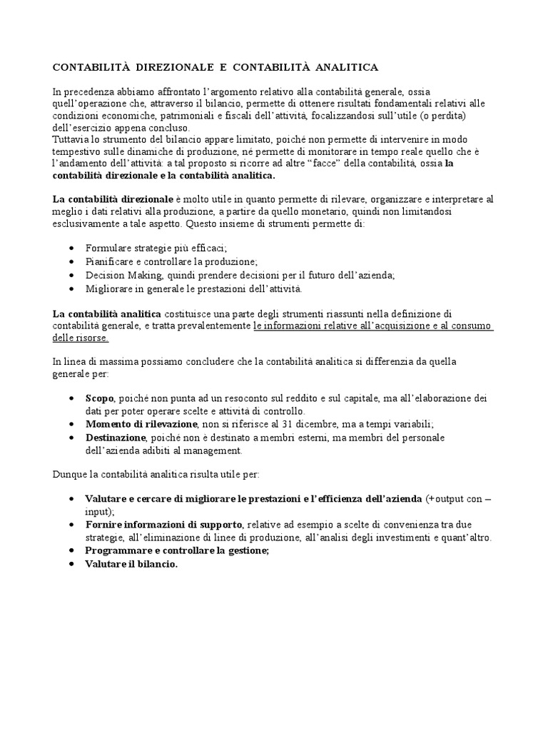 Contabilita Direzionale E Contabilita Analitica
