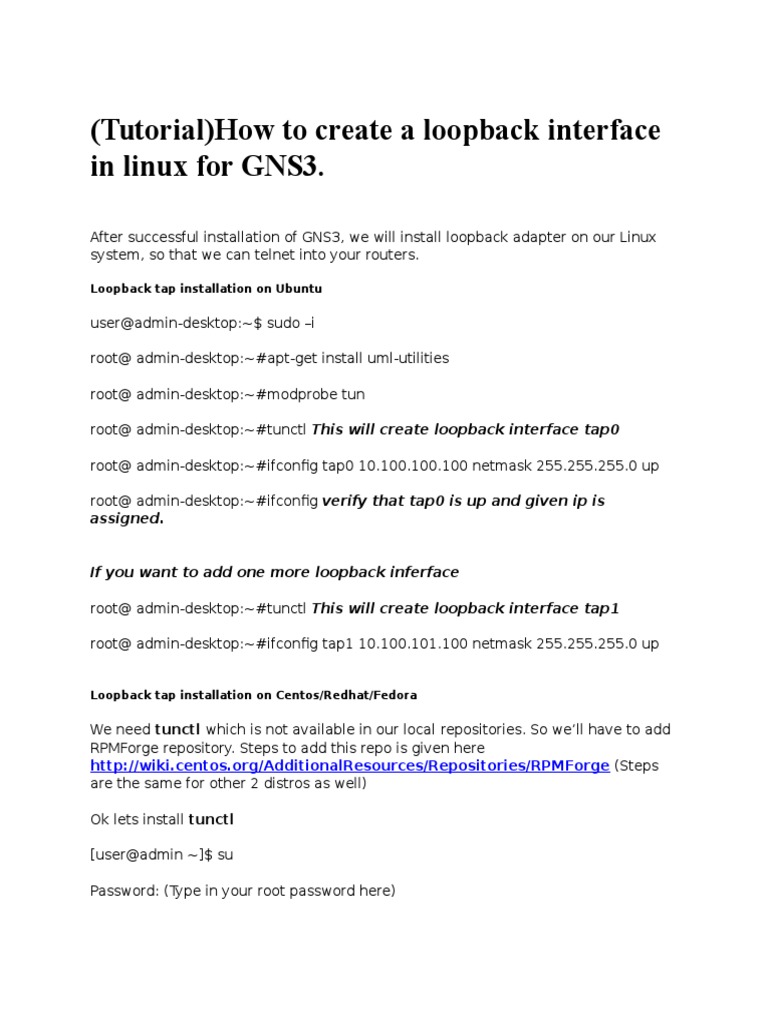 How To Create A Loopback Interface in Linux For GNS3. | PDF
