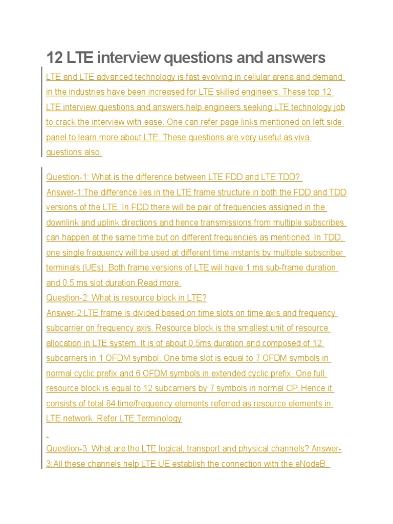 12 LTE Interview Questions and Answers PDF Lte