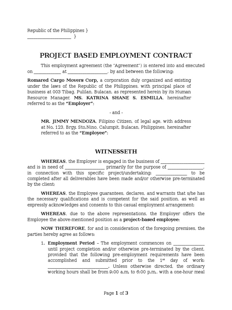 Project Based Employment Contract Working Time Employment