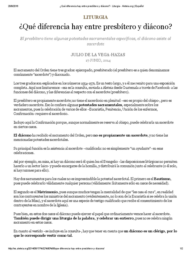 ¿Qué Diferencia Hay Entre Presbítero y Diácono Liturgia Aleteia PDF Diácono Sacerdote
