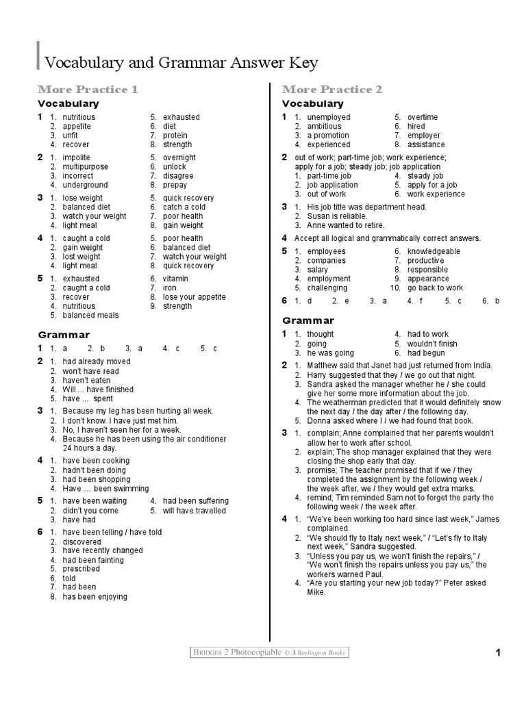 Vocabulary and Grammar Practice Key | PDF | Labour