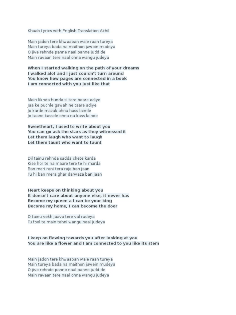 Khaab Lyrics With English Translation Pdf