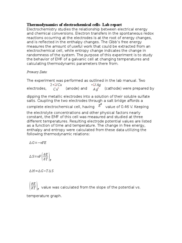 TD of Electrochemical Cells Lab Report PDF Electrochemistry