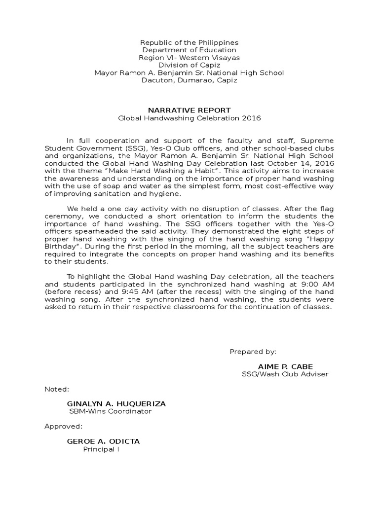 Narrative Report In Global Handwashing 2015 Pdf Hand Washing Hygiene