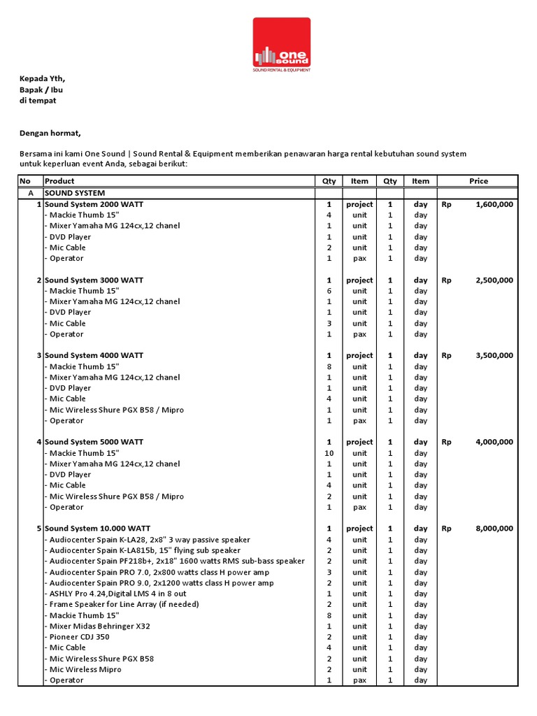 Penawaran Harga Sewa Sound System | PDF | Music Production | Sound ...