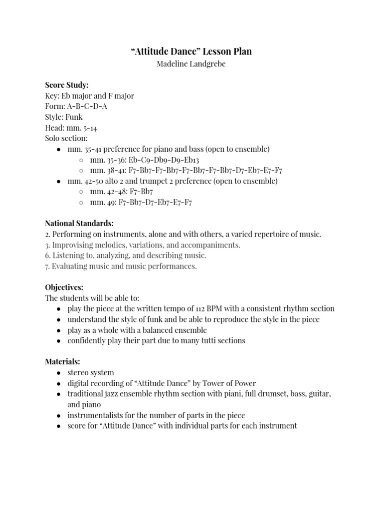 Attitude Dance Lesson Plan Score Study Pdf Rhythm Sound