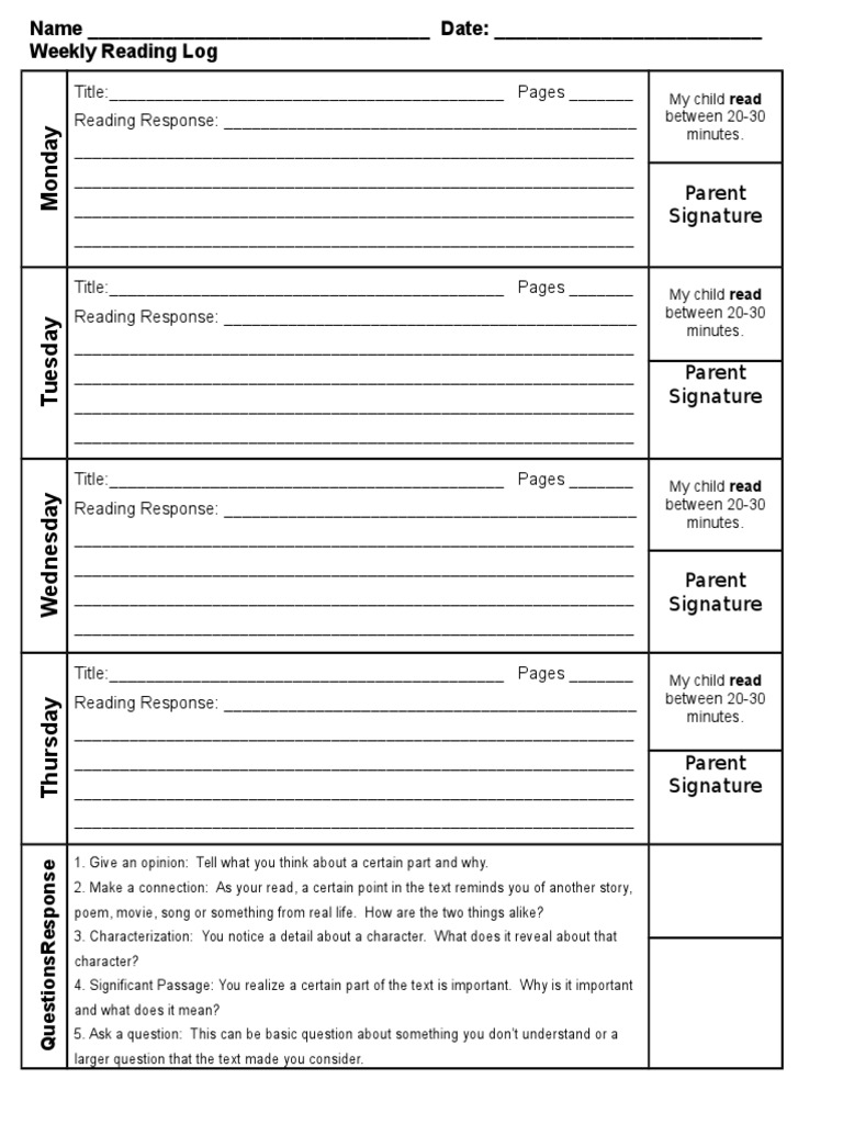 Reading Log Weekly JM | PDF