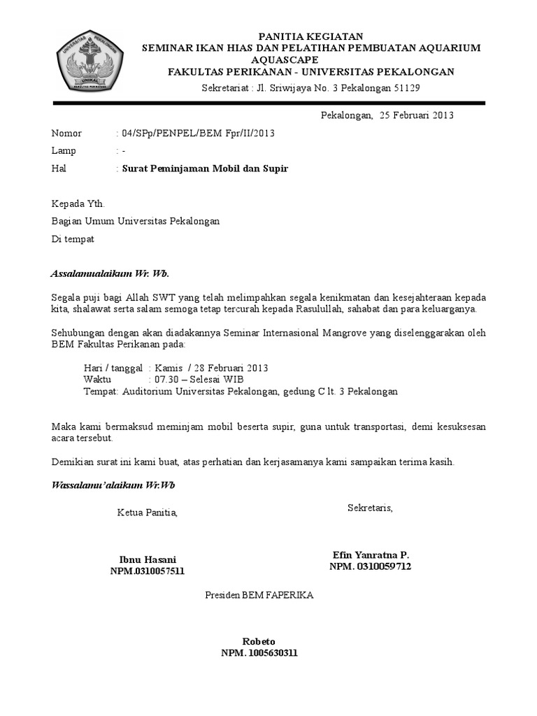 Surat Peminjaman Mobil Dan Supir