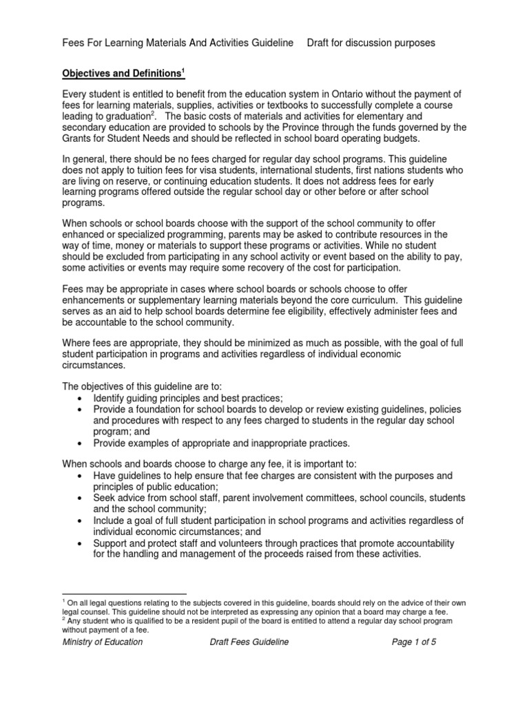 Fees For Learning Materials and Activities Guideline Draft For ...