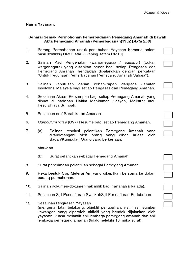 Checklist Pendaftaran Yayasan Pdf