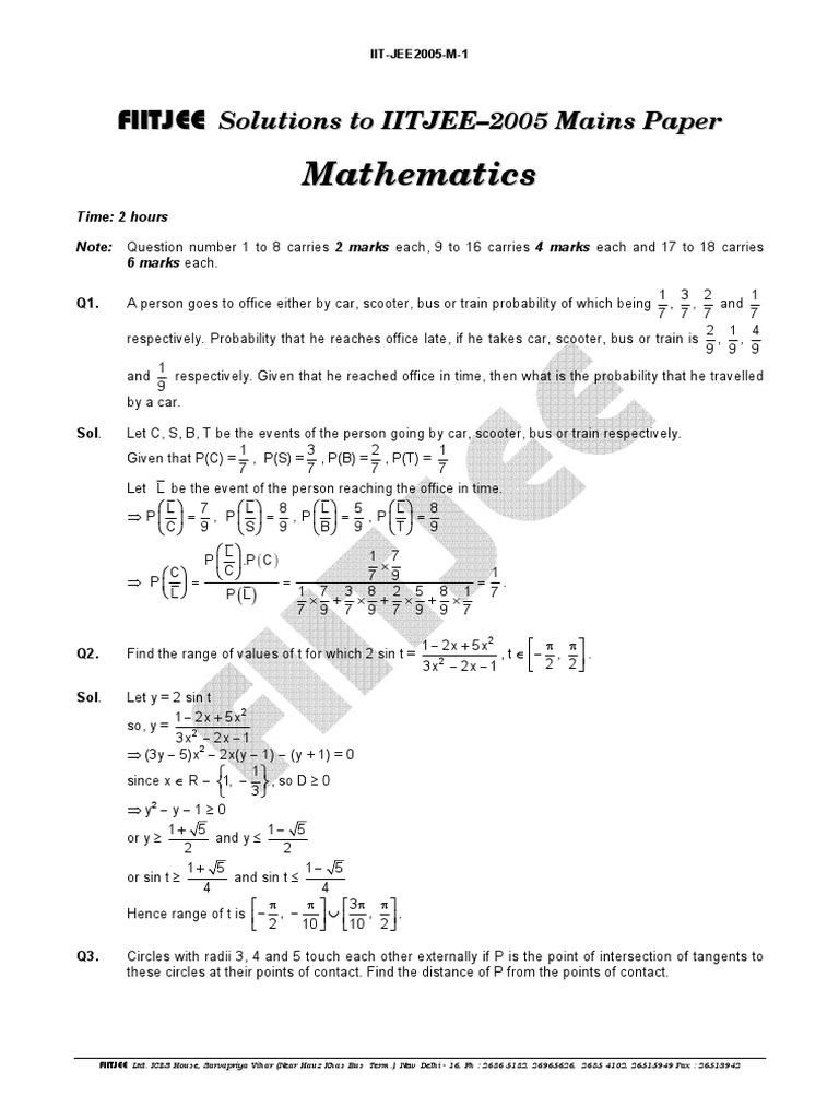 FIITJEE Solutions To IIT JEE 2005 Mathematics Question Papers Maxima