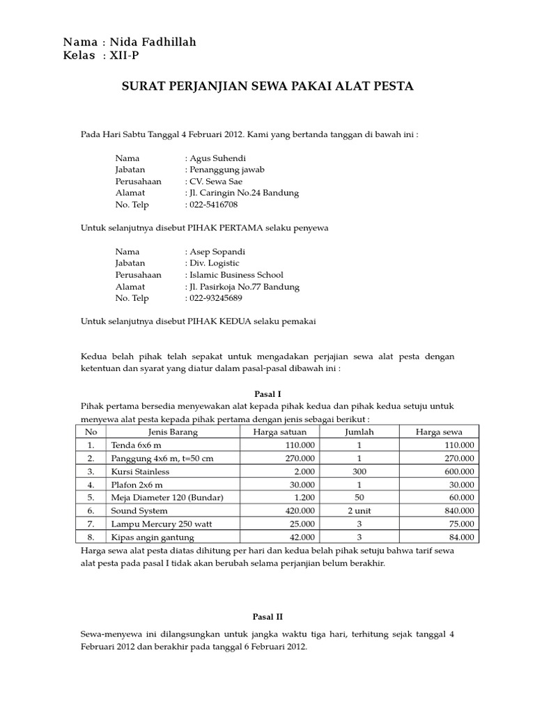 Contoh Surat Perjanjian Sewa Komputer Dan Printer Doc