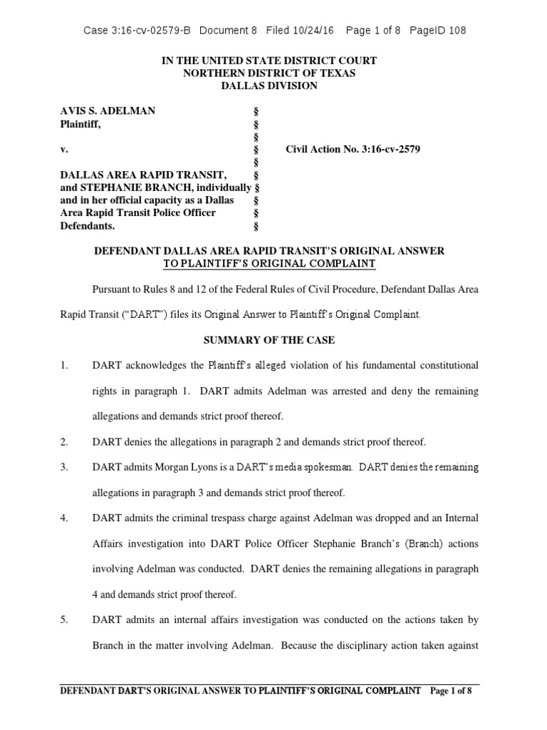 DART Answer Case 3 16Cv02579B Adelman V DART PDF Lawsuit