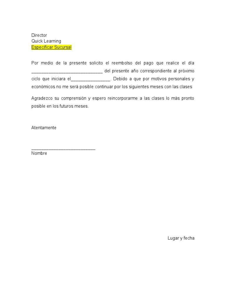 Formato De Carta De Solicitud De Reembolso Quick Learning PDF
