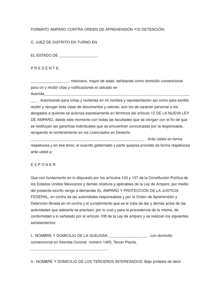 Formato Amparo Contra Orden de Aprehensin y | PDF | Violacin ...