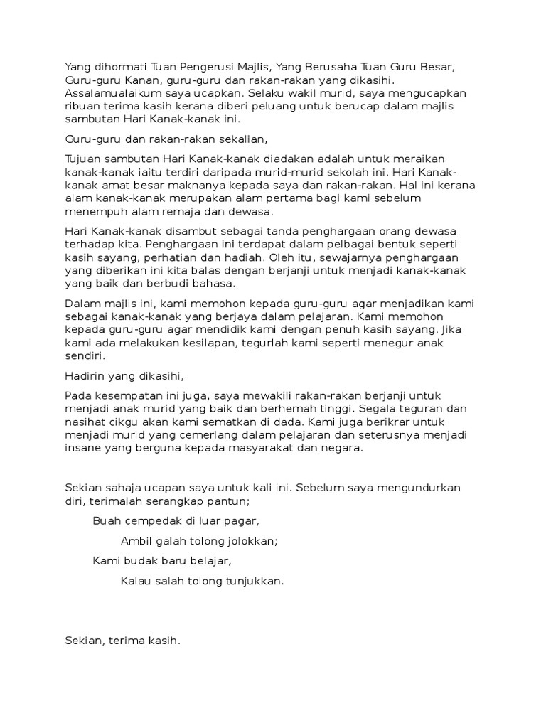 Teks Ucapan Wakil Murid Hari Kanak Kanak