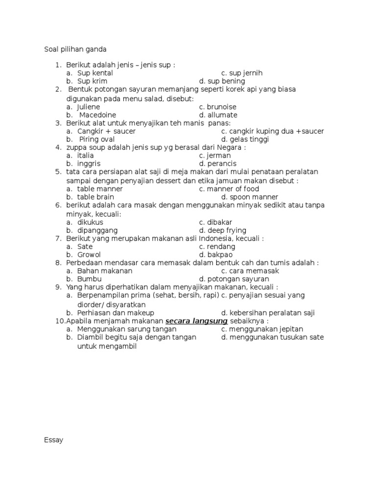 Contoh Soal Tes Kompetensi Pramusaji Jawabanku Id