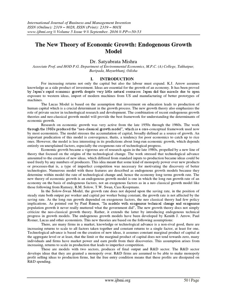 The New Theory of Economic Growth: Endogenous Growth Model | PDF ...