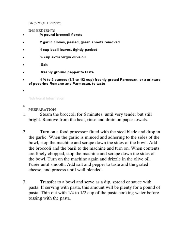 Broccoli Pesto Ingredients Nutritional Information PDF