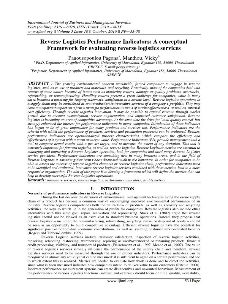 Reverse Logistics Performance Metrics Framework | PDF | Performance ...