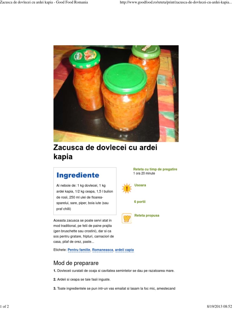 Zacusca De Dovlecei Cu Ardei Kapia Good Food Romania Pdf