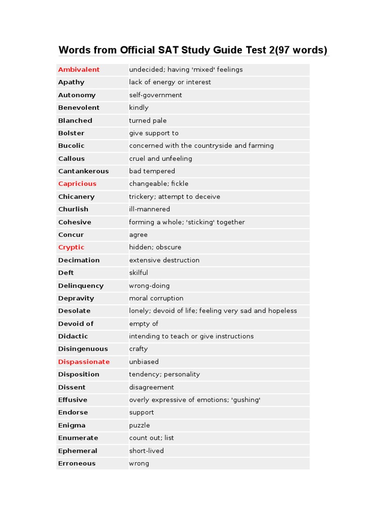 A Comprehensive List of SAT Vocabulary Words with Definitions PDF