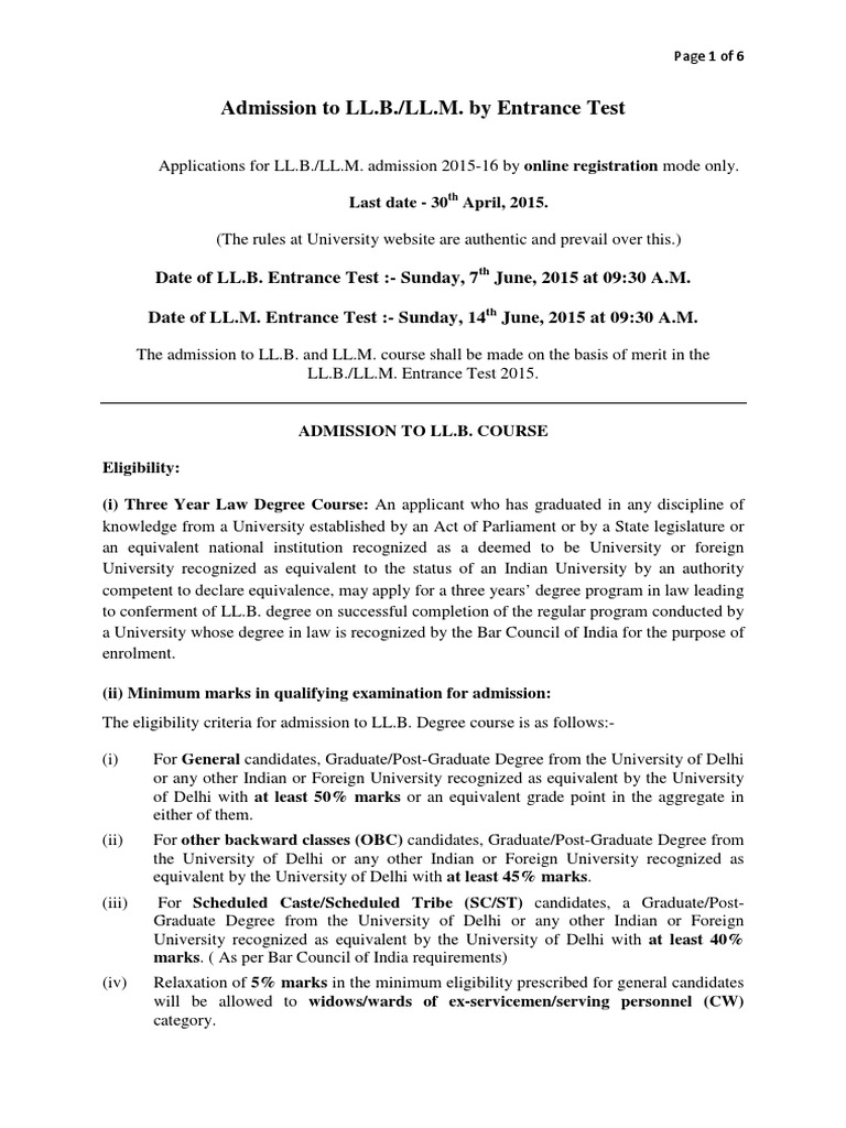 LL.B./LL.M. Admission 2015-16 Details | PDF | University And College ...