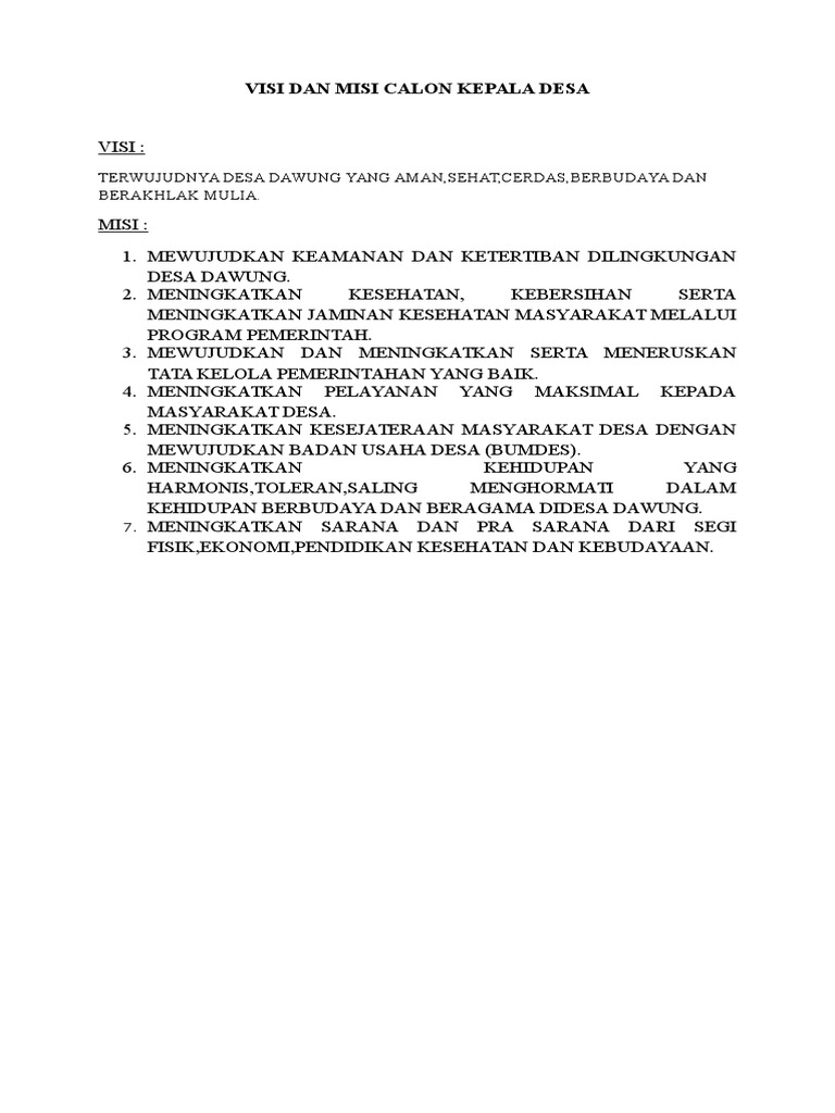 Visi Dan Misi Calon Kepala Desa