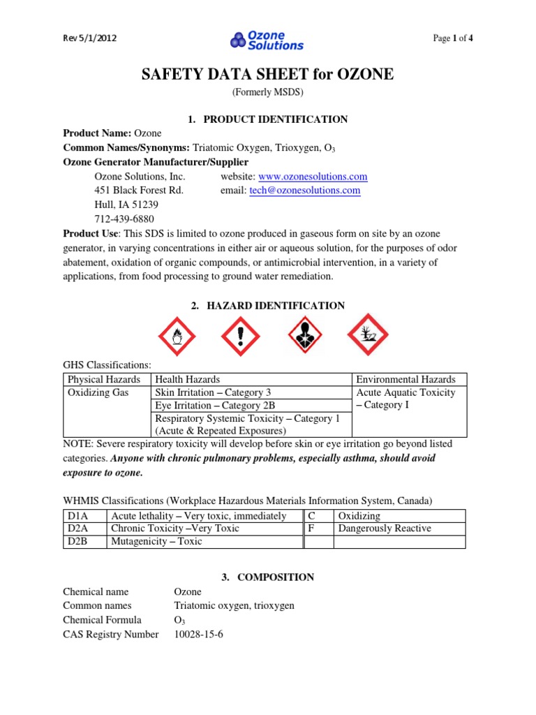 Ozone Safety Data Sheet (SDS) | PDF | Ozone | Toxicity