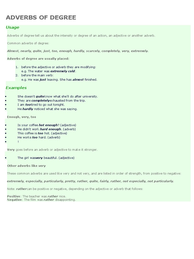 Adverbs of Degree Grammar | PDF