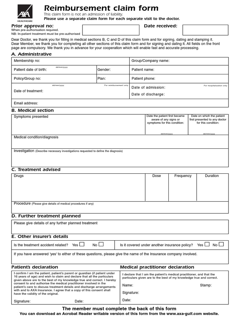 AXA Reimbursement Form ALL En Patient Medical Diagnosis