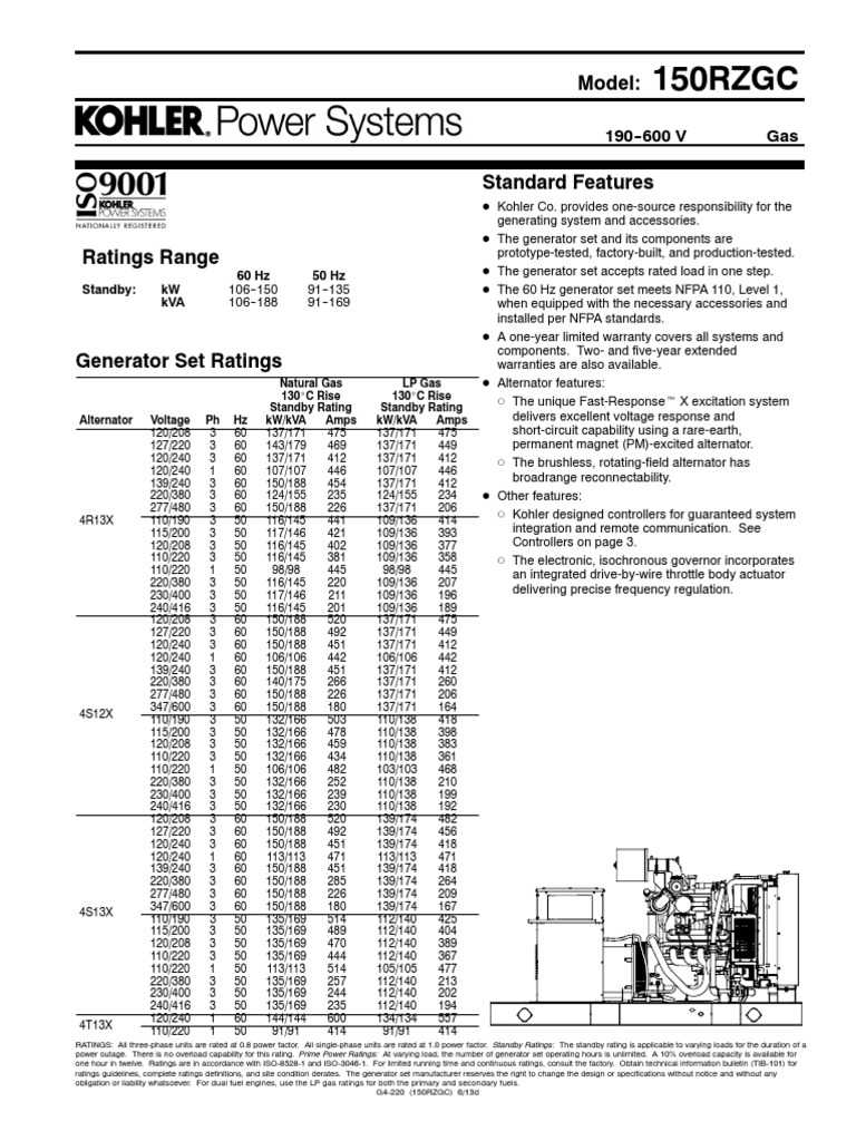Specification Sheet - Kohler Gas Generator | PDF | Liquefied Petroleum ...