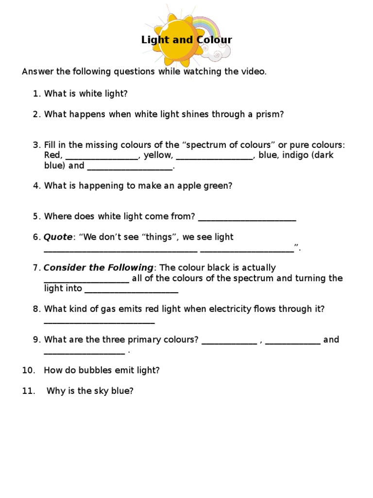 Light And Color Worksheet Answers