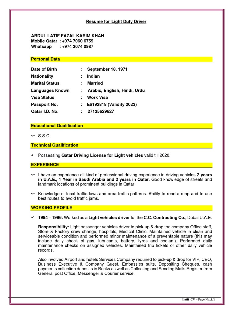 Qatar Driver Cv Model