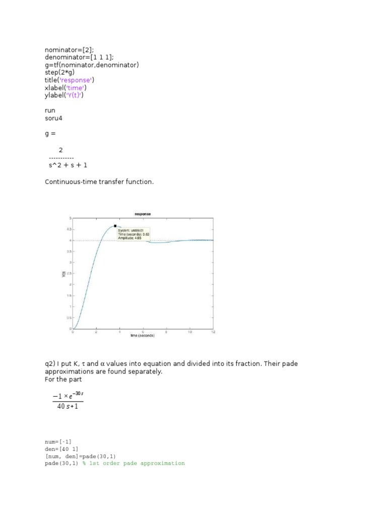 'Response' 'Time' 'Y (T) ': % 1st Order Pade Approximation | PDF
