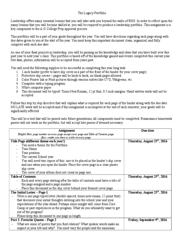 Leadership Portfolio Guidelines | PDF | Homework | Leadership