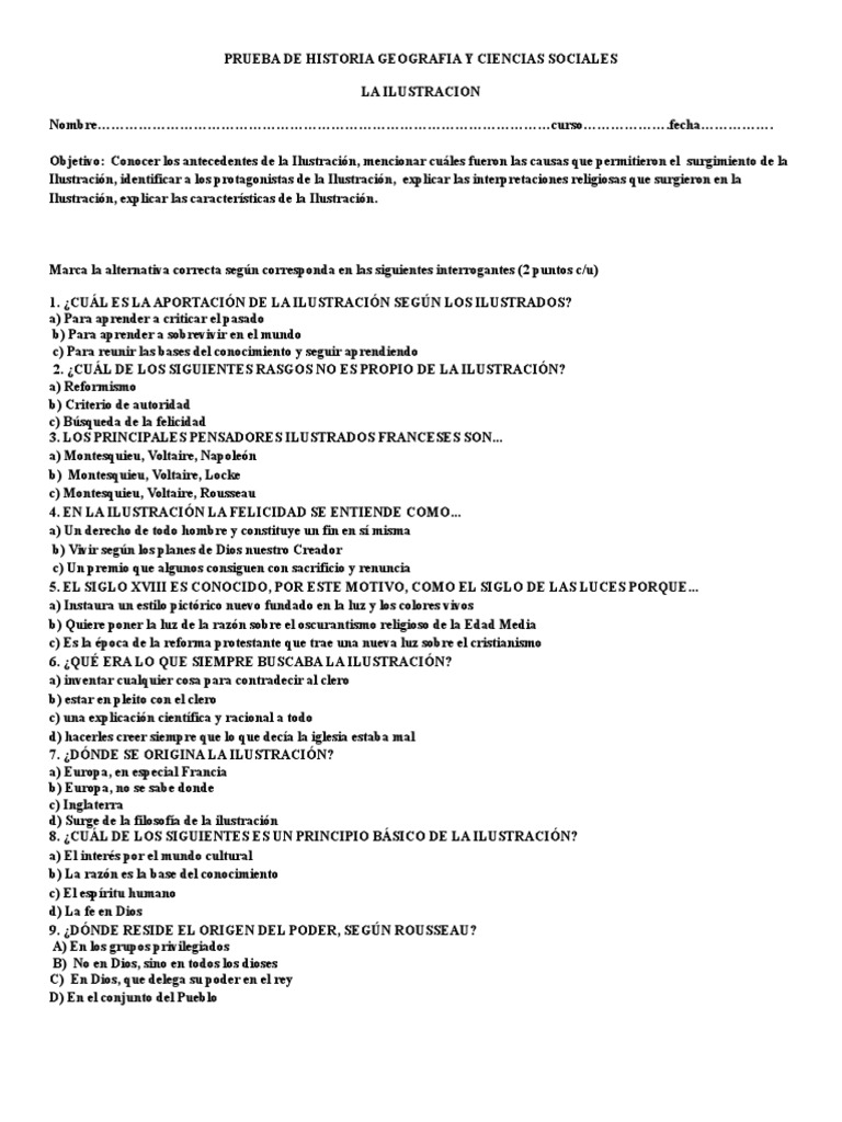 Prueba de Historia La Ilustracion | PDF | Era de iluminacion | República