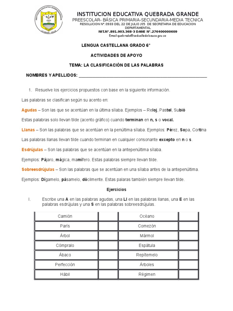 Ejercicio Clasificación de Palabras | PDF | Ortografía | Escritura