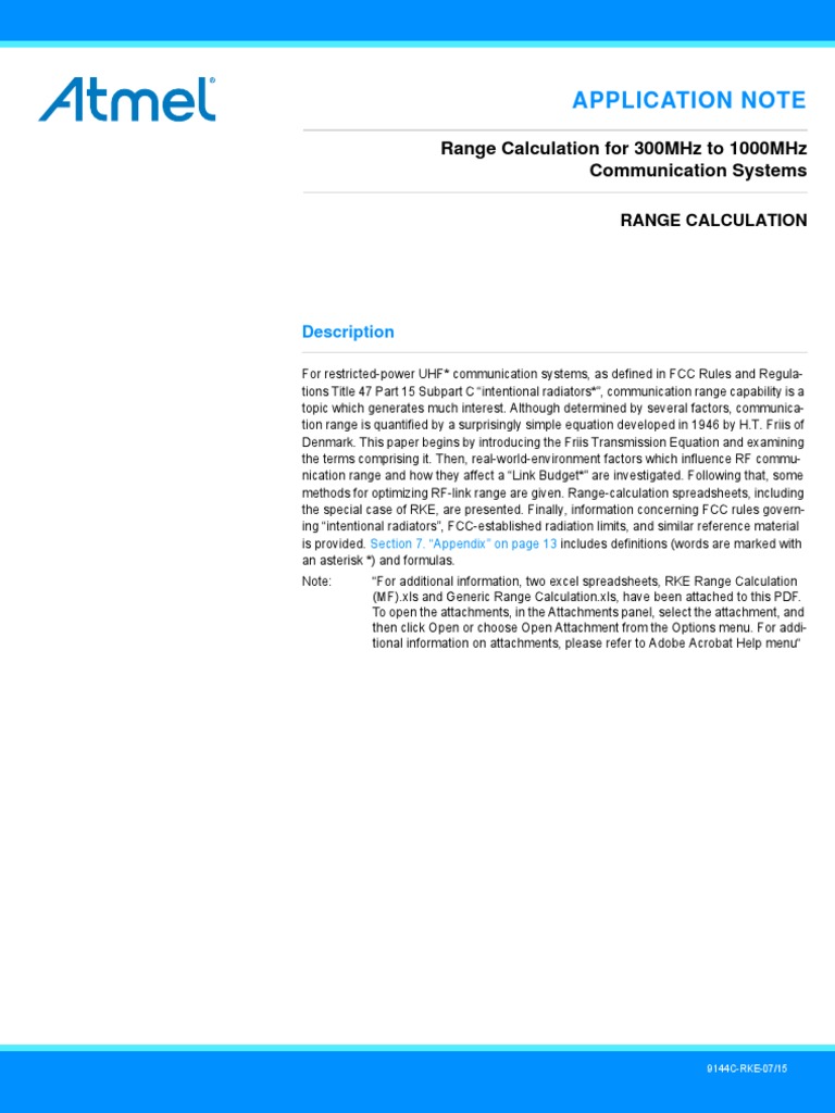 Atmel 9144 Range Calculation Application Note PDF Antenna (Radio